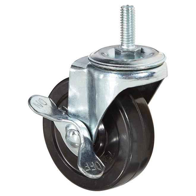 Roulette ajustable à tige filetée, cap.126 lb, frein, 3"