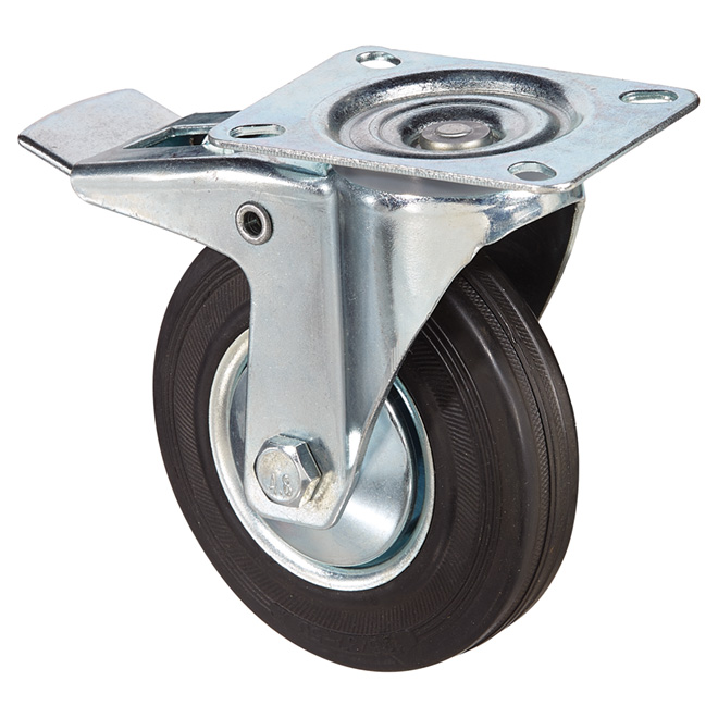 Euro Series Rubber Plate Caster - Brake - 220 lbs Cap. - 5"