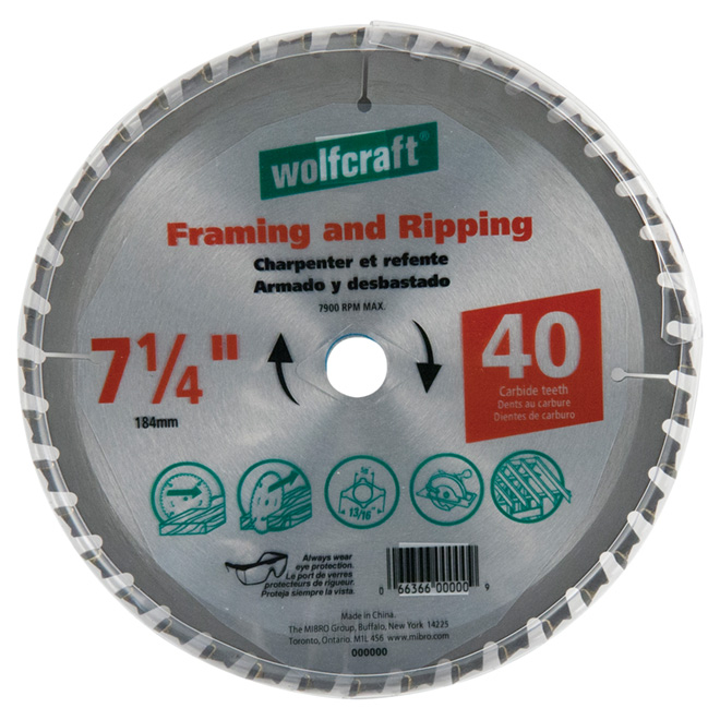 Lame en carbure pour charpente, 7 1/4 po, 40 dents