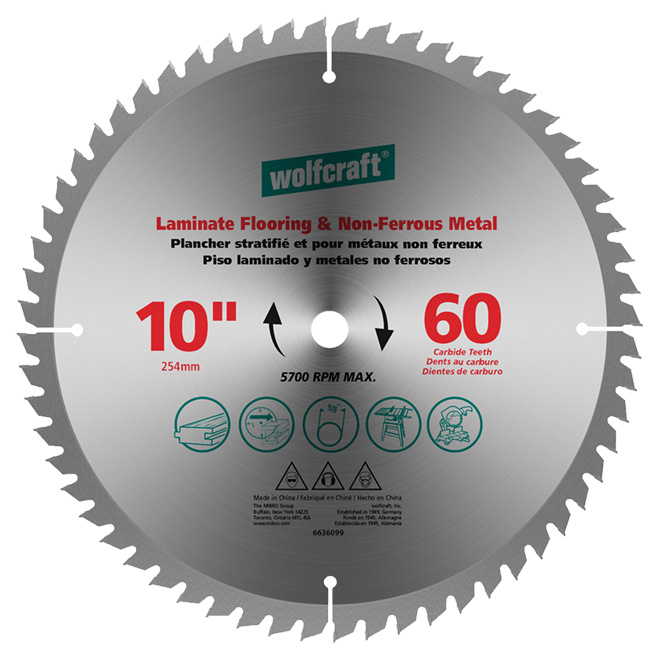 Lame en carbure pour stratifié et métal, 10 po, 60 DT