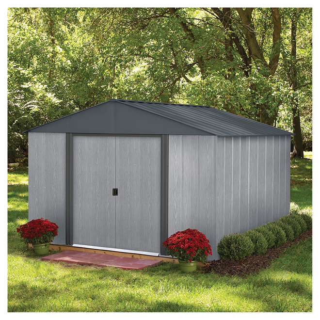 storage shed - 10' x 10' - driftwood - steel - grey rona