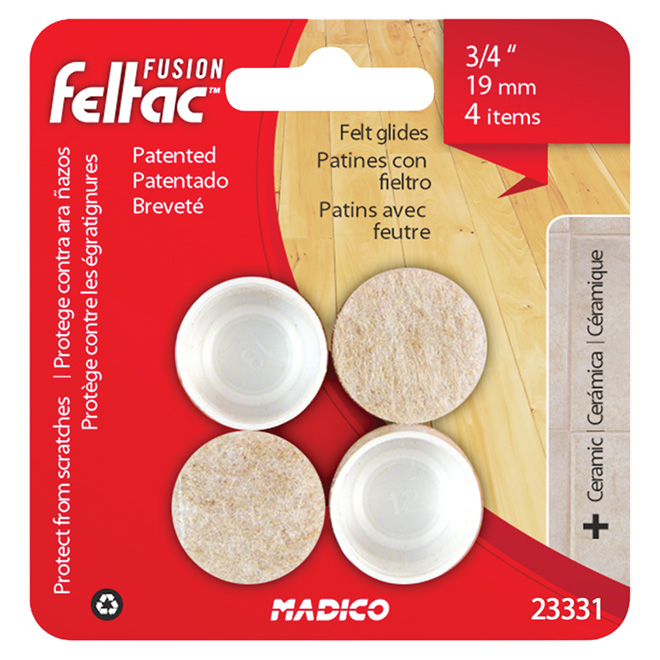 Fused-Felt Plastic Leg Tips - Round - White - 3/4" - 4/Pk