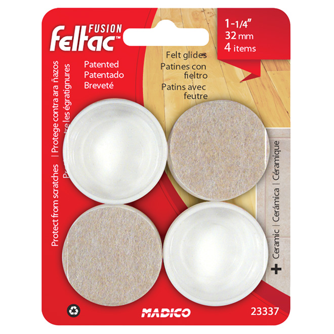 Embouts plastique avec feutre, ronds, blancs, 1 1/4", 4/pq