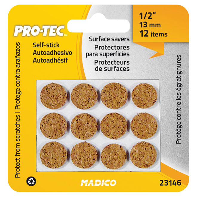 Butoirs autoadhésifs en liège, ronds, 1/2", 12/pq