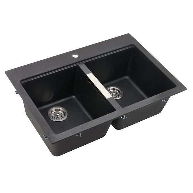 Évier double de cuisine en granite composite, noir