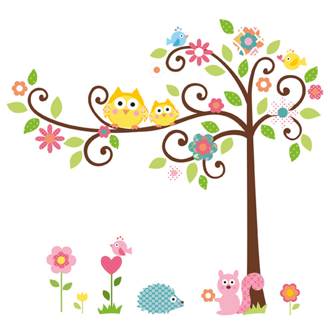 Appliqué mural autocollant «Arbre, fleurs et animaux»