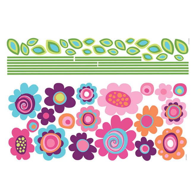 Appliqué mural autocollant géant «Rayures Fleuries»