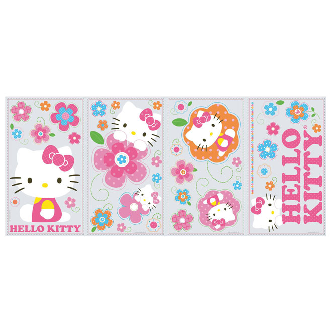 Appliqué mural autocollant «Hello Kitty et Fleurs»