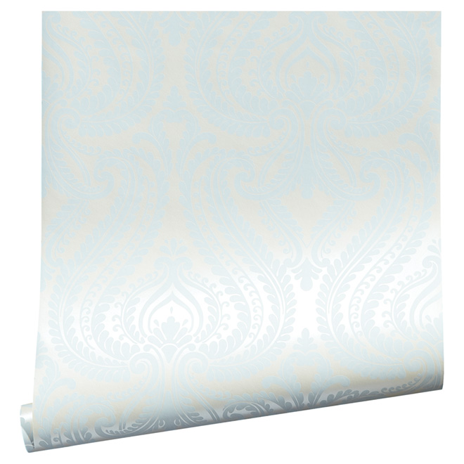 Papier peint à motif damassé, 20,5" x 33', bleu pâle