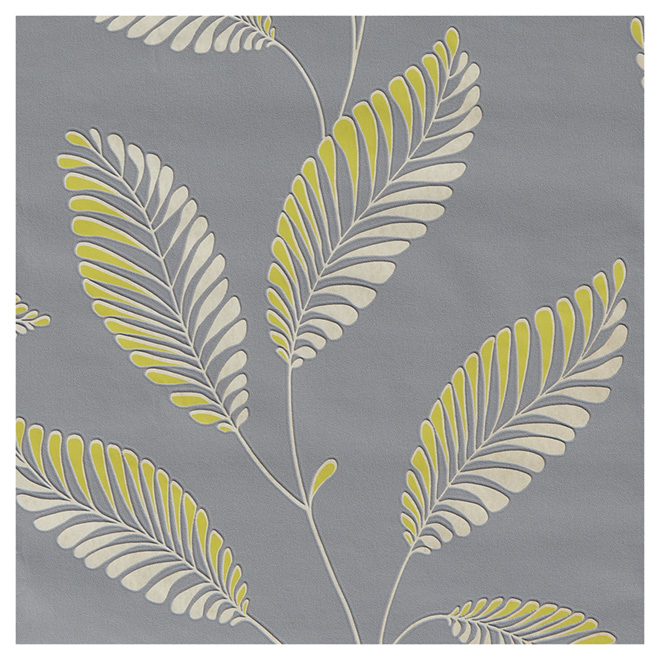 Papier peint motif de feuilles, 20,5" x 33', jaune/gris