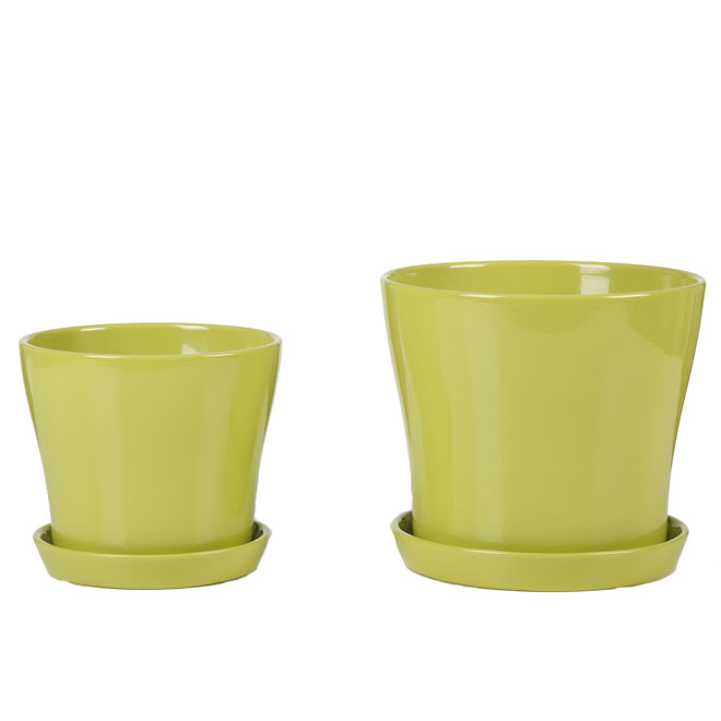 Ceramic Flower Pot with Saucer 6" - Lime Green