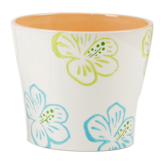 Ceramic Pot Cover "Hiniscus" 17cm - Green and Blue