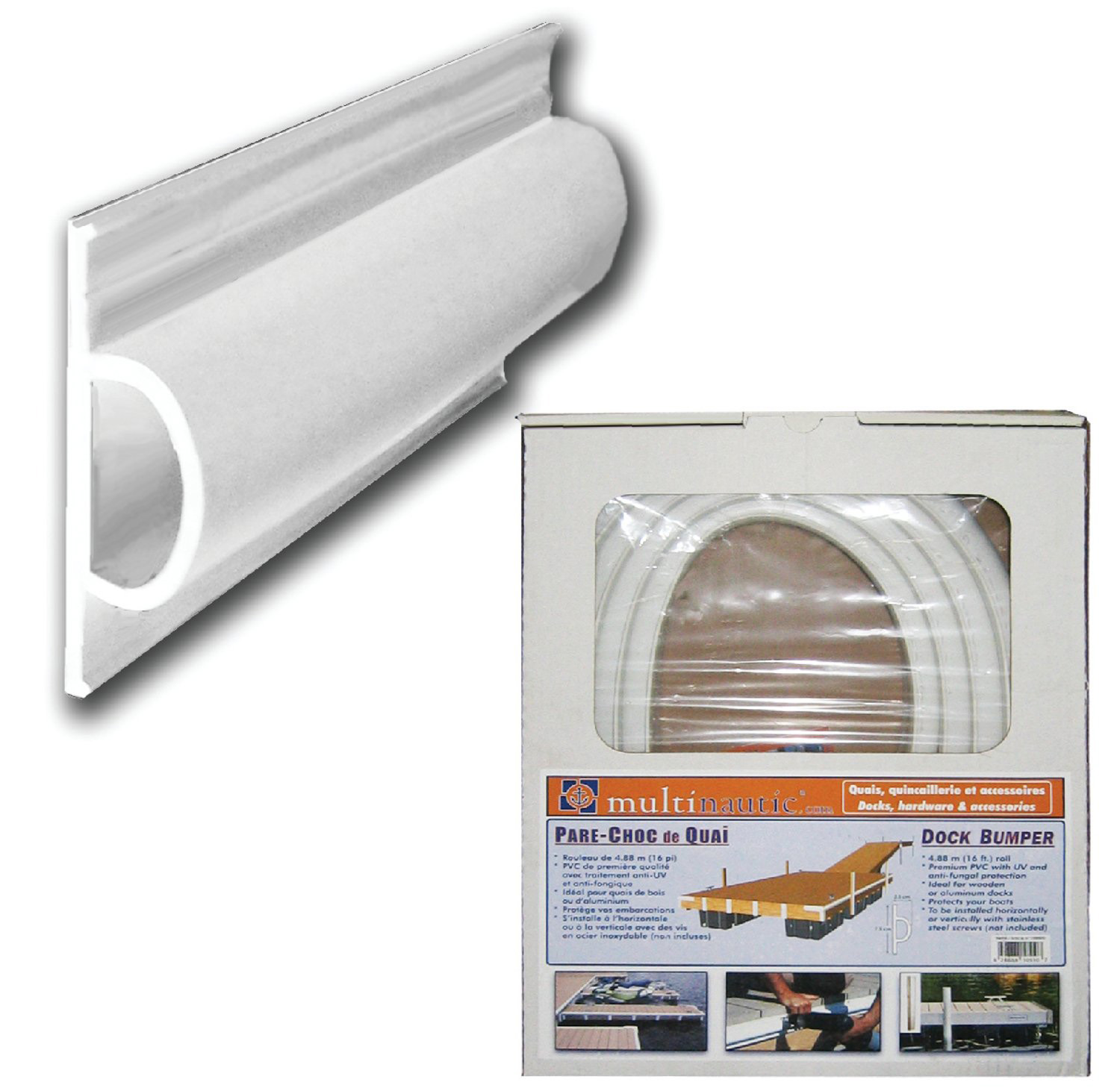 Pare-choc blanc en « D » pour quai, 3 po x 1 po x 16 pi