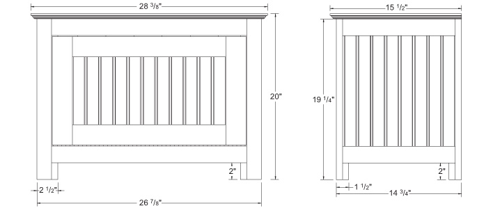 Élévations du coffre de rangement en bois.