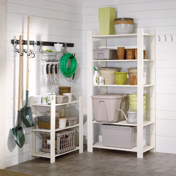 Open shelving is ideal for garden tools to guard against mold growth.