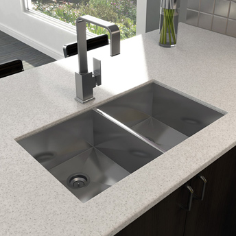Double-bowl stainless-steel sink under solid-surface countertop