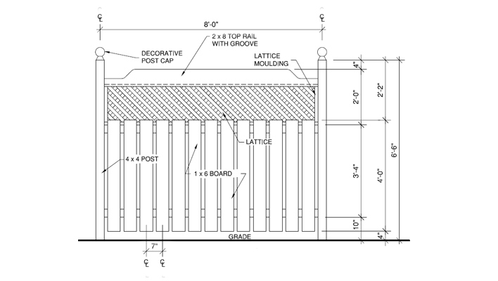 Treated-wood backyard fence elevation