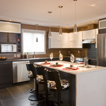 Kitchen with island, two-toned cabinets