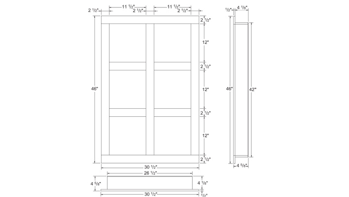 Elevation of a recessed shelving unit with compartments
