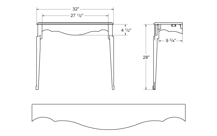 Plan and elevation of wall-mounted console table