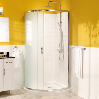 A Neo-angle shower uses a preformed shower base. 