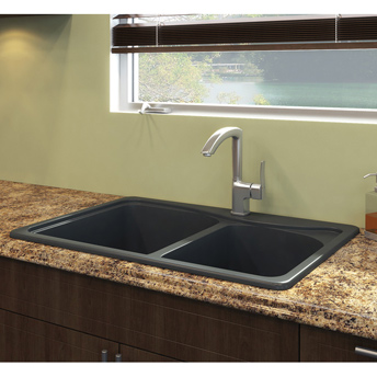 Black kitchen sink on laminate countertop