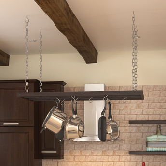 Practical pot rack hanging in the kitchen
