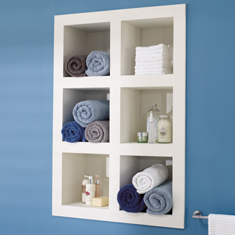Recessed shelving unit with compartments