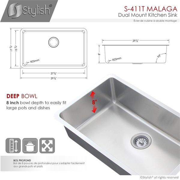 STYLISH 29-in Single Bowl Undermount and Drop-in Stainless Steel ...